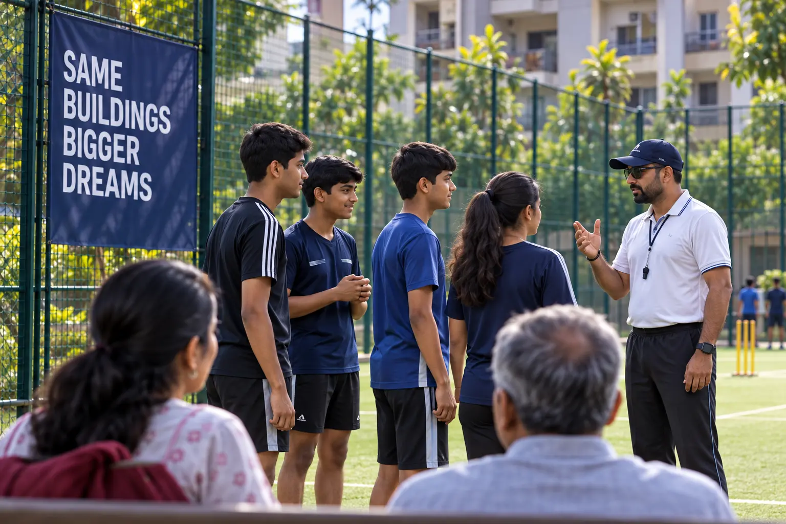 Young residents learning cricket with parents watching