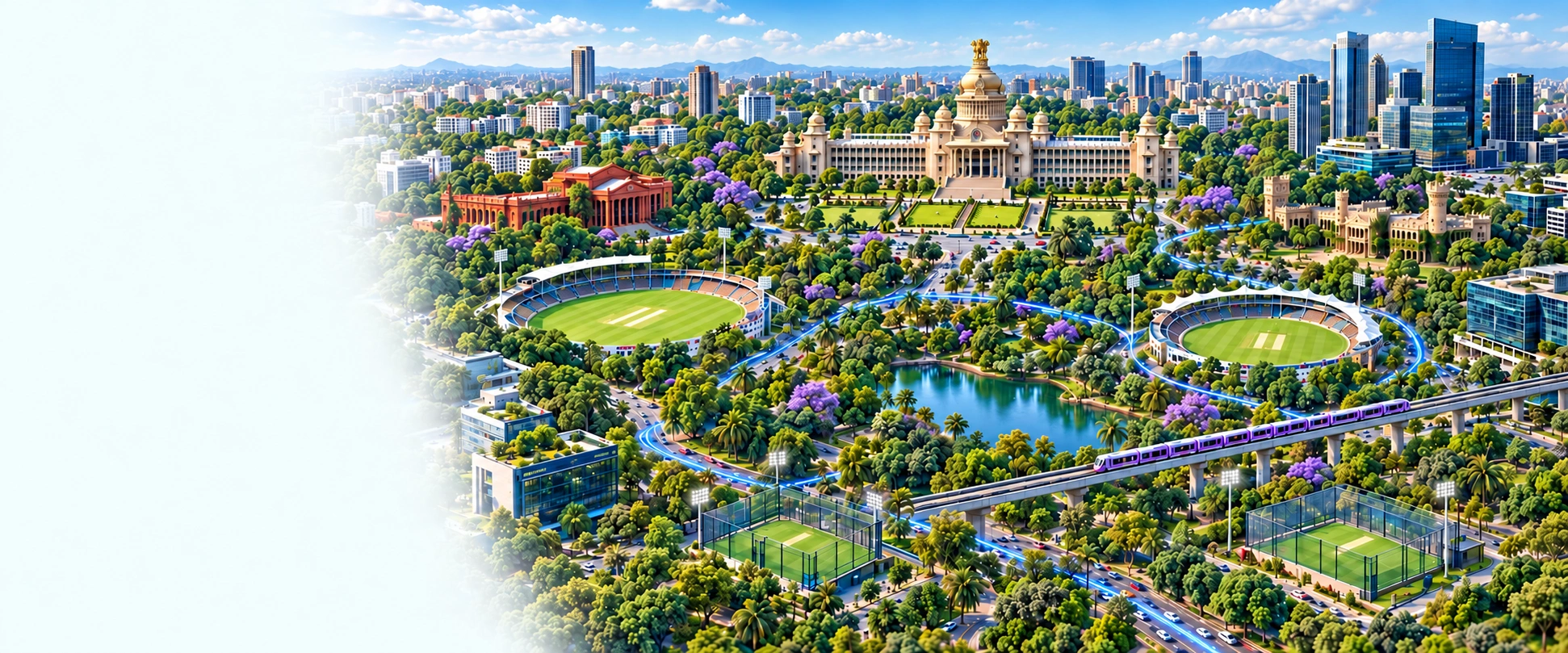 Conceptual Bengaluru city illustration with Vidhana Soudha and connected cricket grounds