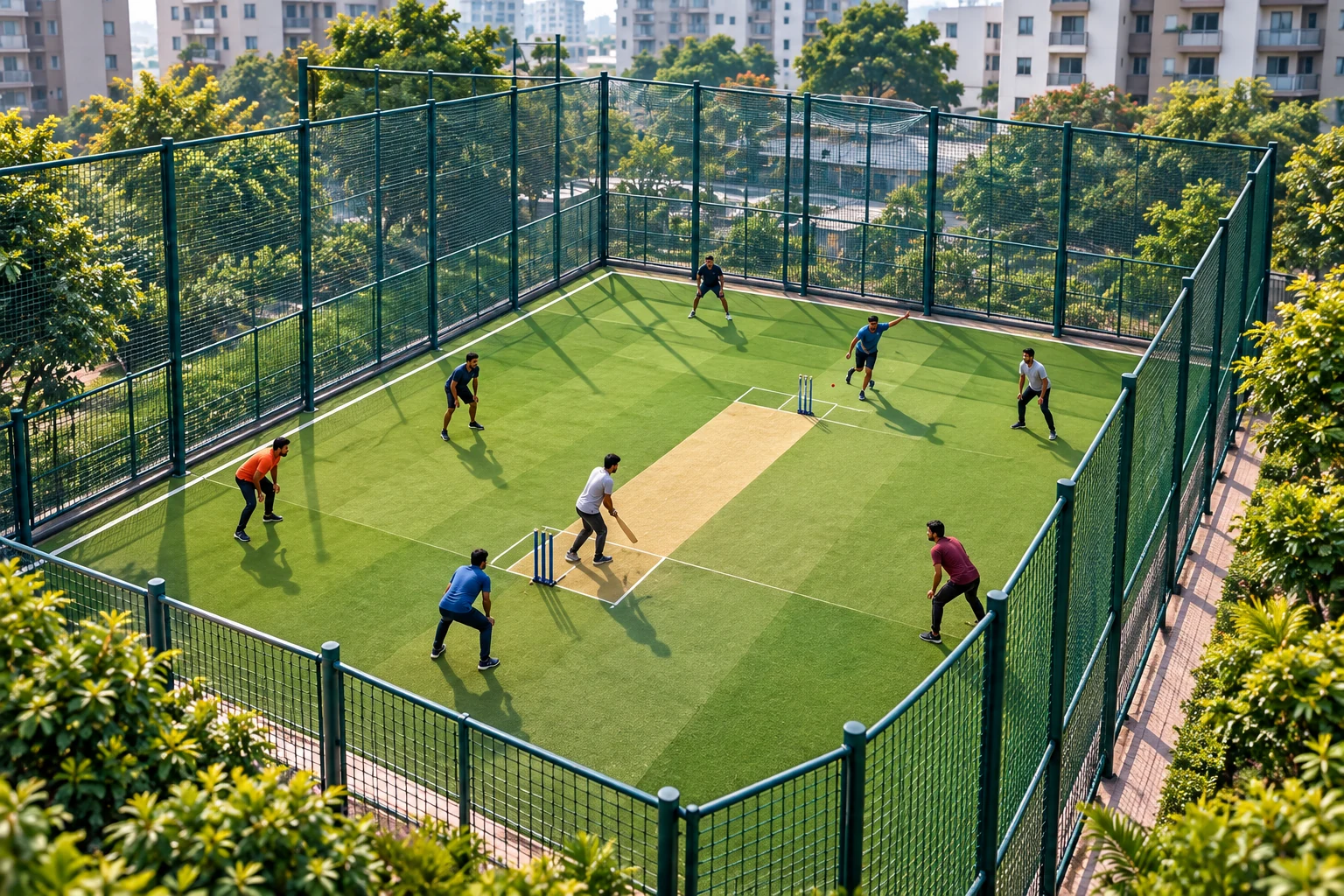 Illustrative netted local cricket court