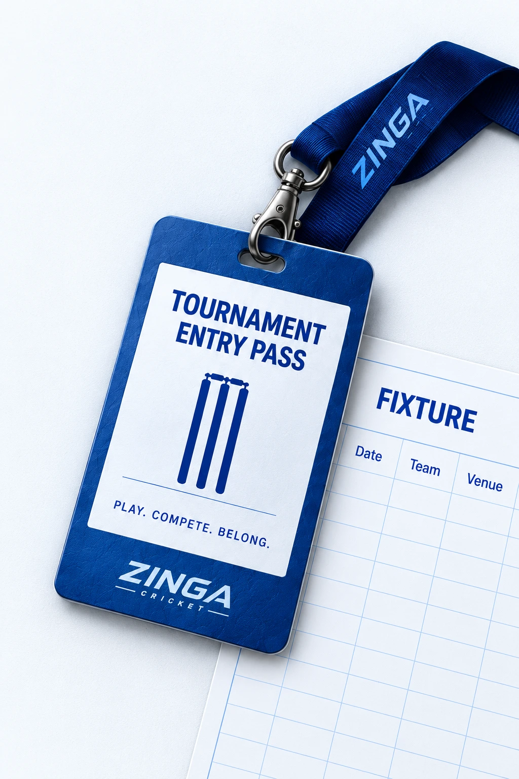 Blue Zinga tournament entry pass with a fabric lanyard, metal clip and blank fixture sheet