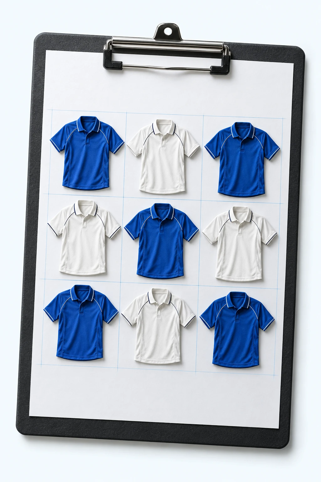 Nine blue and white cricket shirts arranged on a squad clipboard