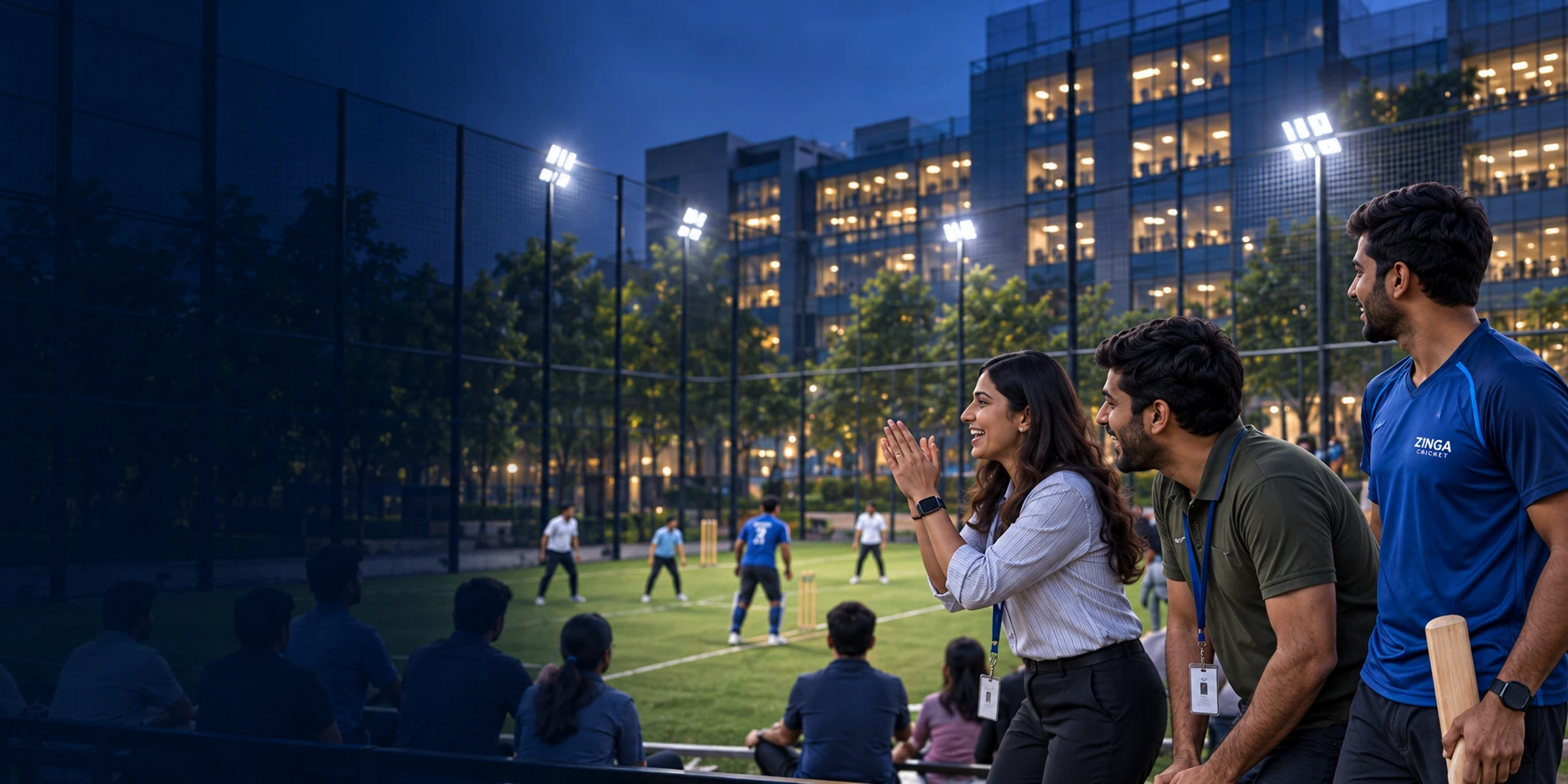 Illustrative corporate cricket scene