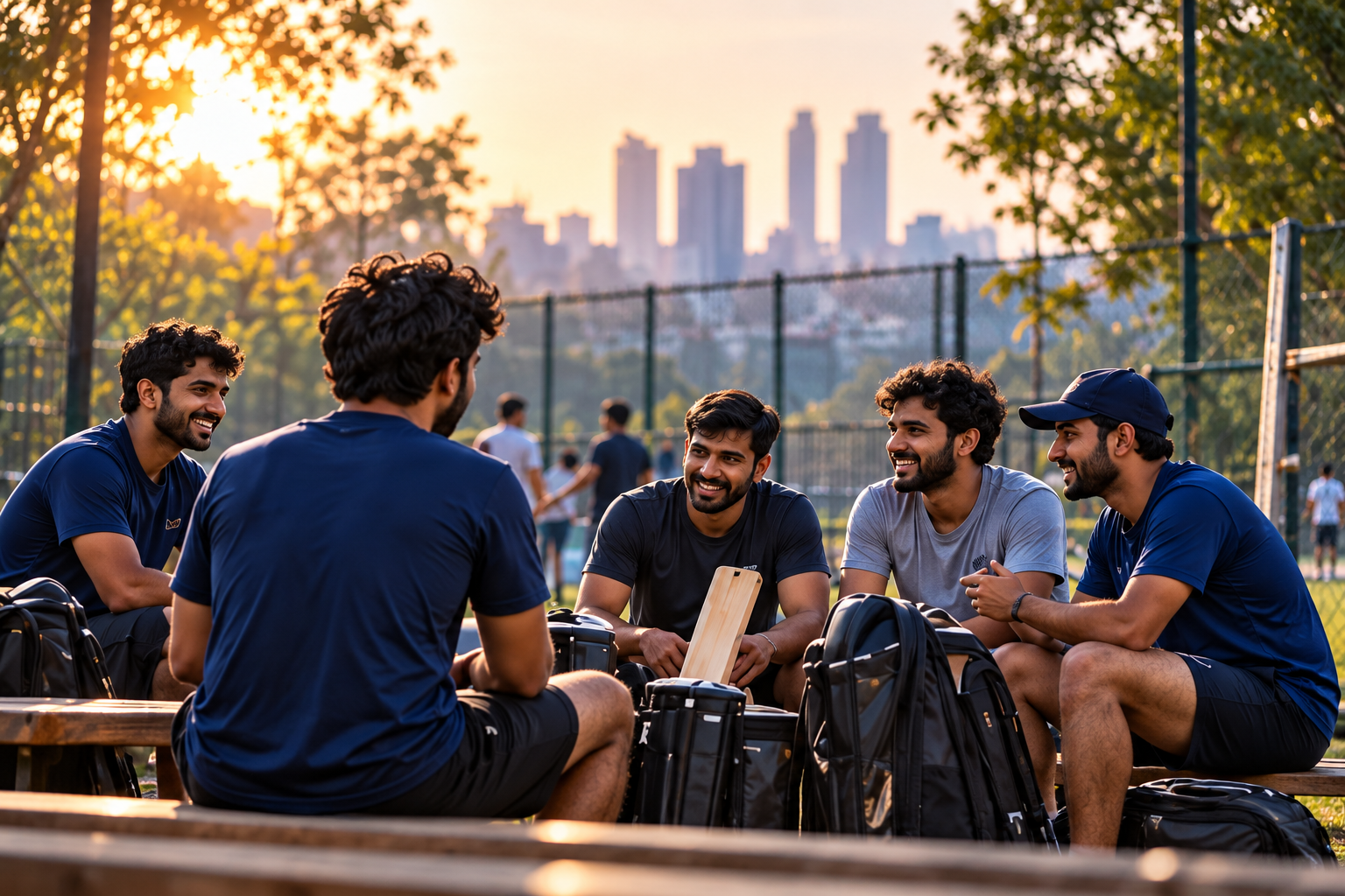 Illustration of friends discussing cricket beside a ground