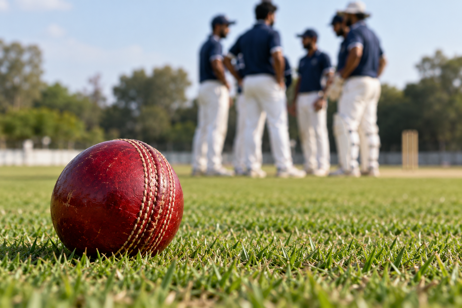 Cricket ball on grass with players in the background