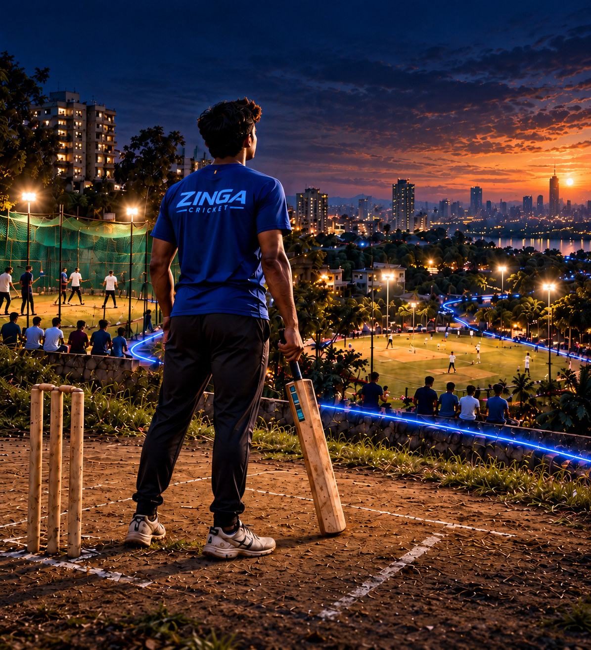 A cricket player looking toward connected community grounds, an illustration of Zinga’s mission.
