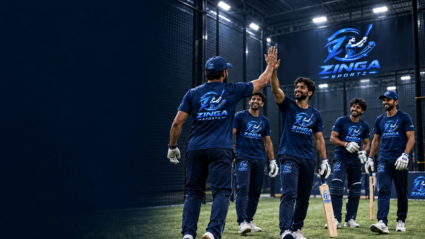 A Zinga Cricket club walking off a floodlit ground in Bengaluru after a match
