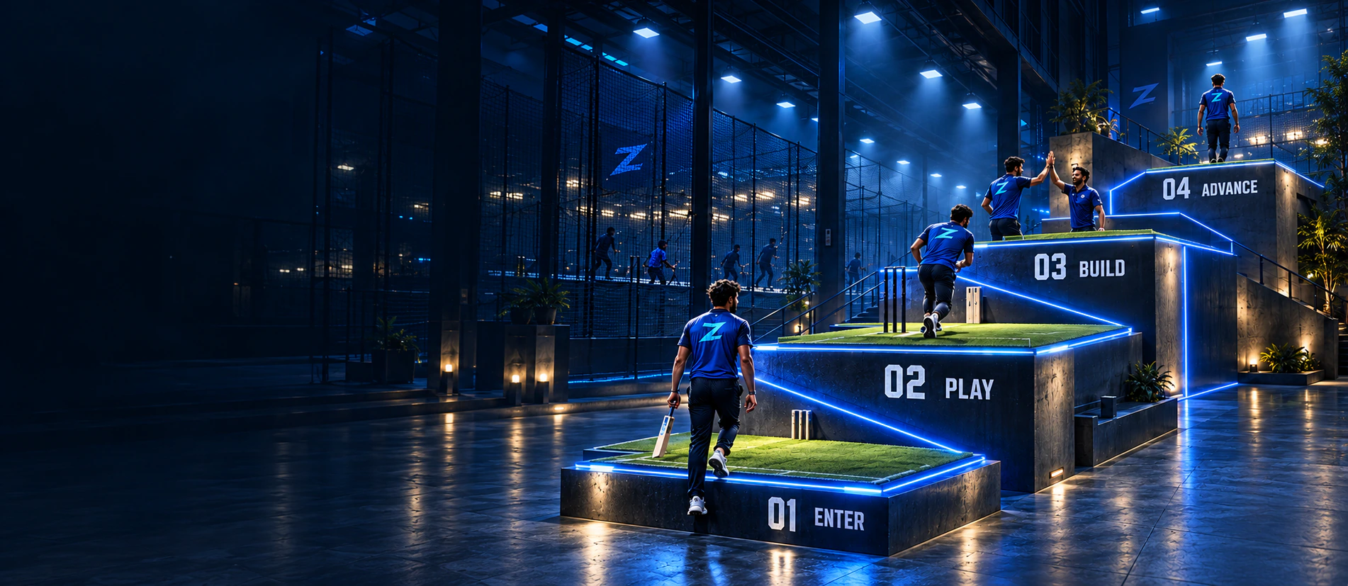 Cricket players progressing across four illuminated tournament platforms