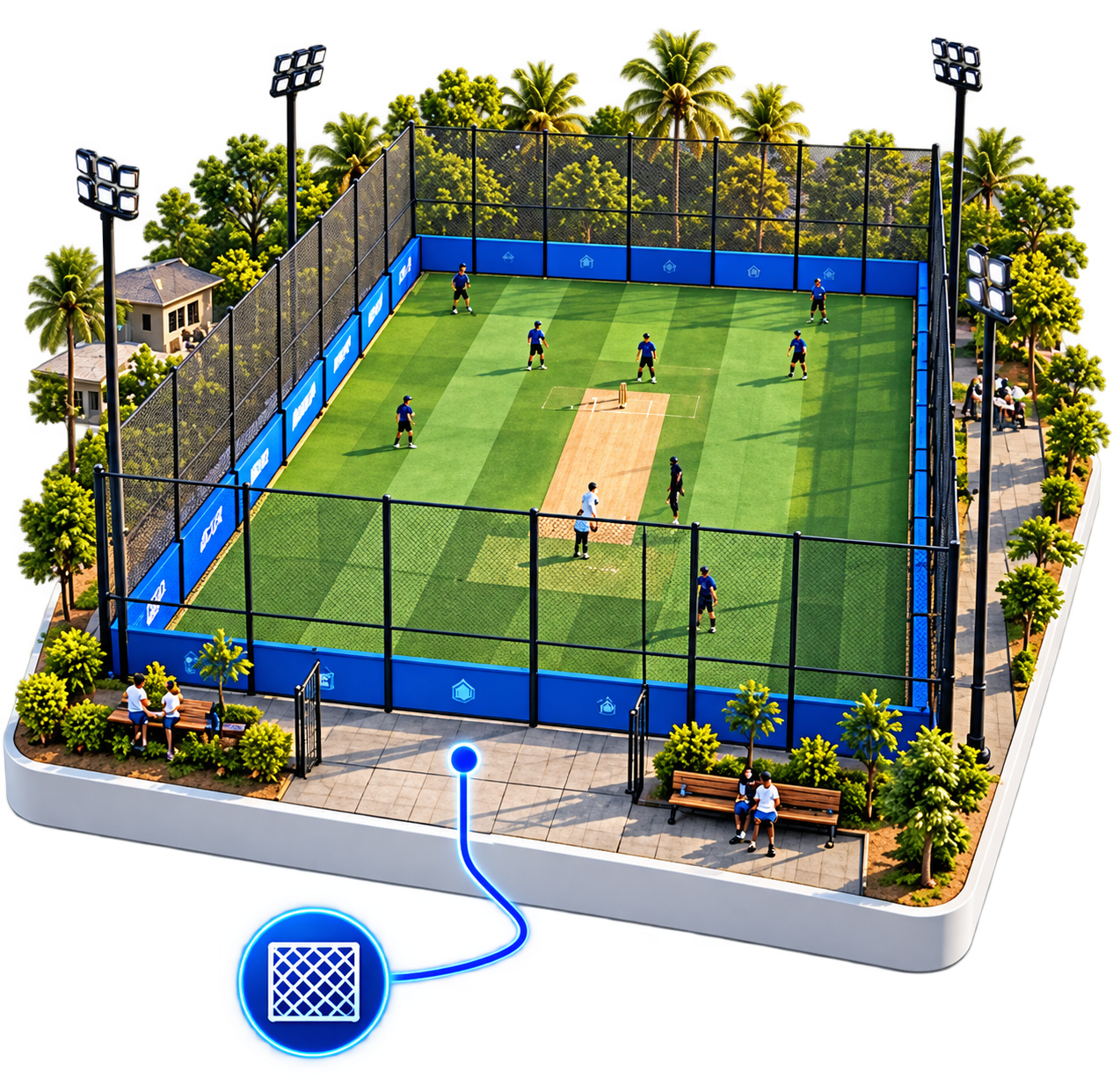 Isometric box cricket facilities with players, greenery and facilities