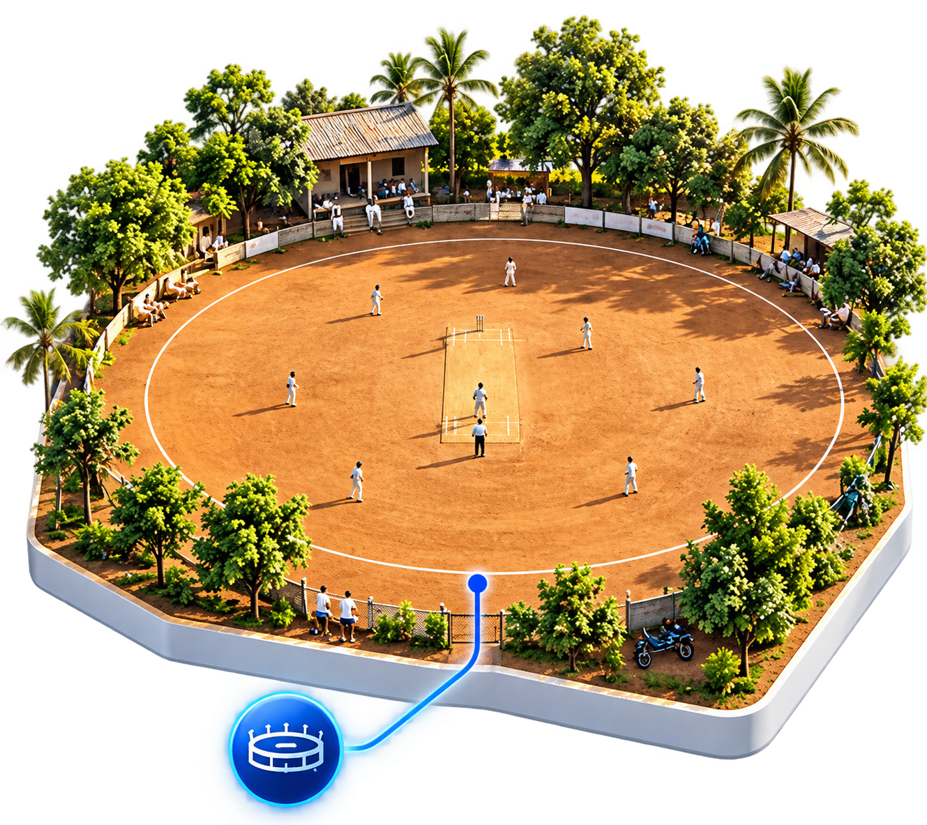 Isometric traditional mud grounds with players, greenery and facilities
