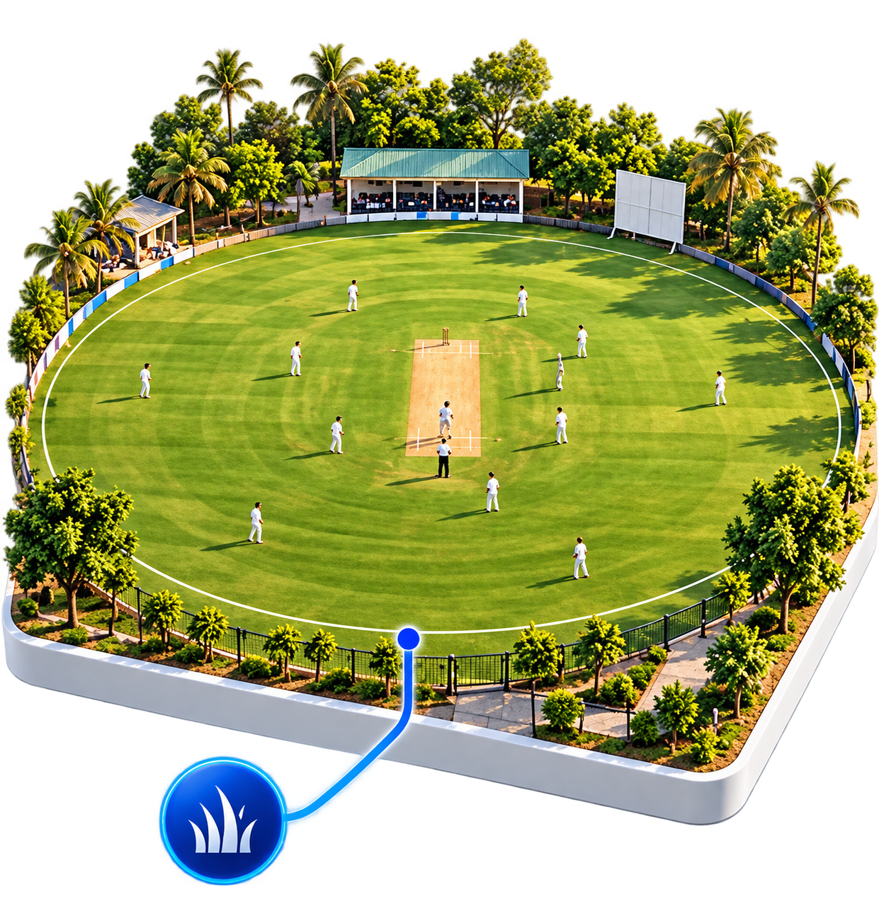 Isometric open grass & turf grounds with players, greenery and facilities