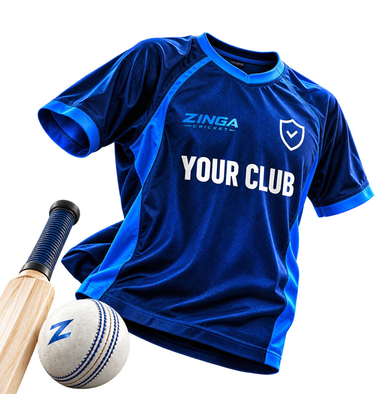 Royal blue Your Club jersey with a cricket bat and ball