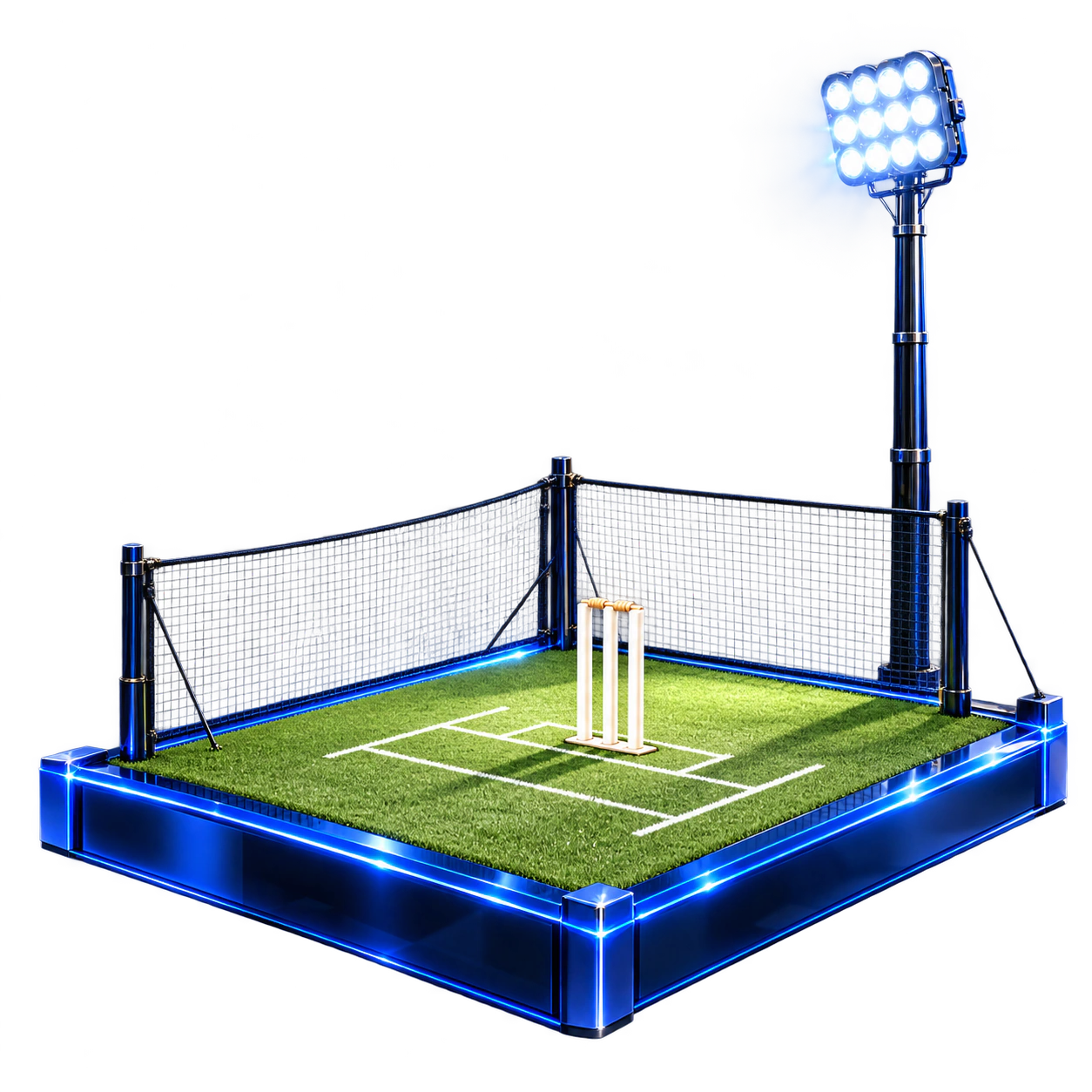 Netted cricket pitch with floodlights and wickets