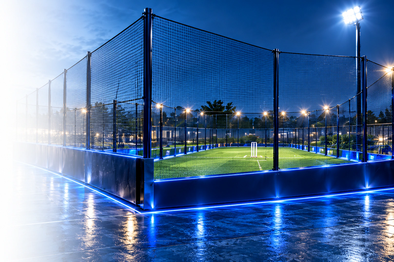 Floodlit box cricket ground with a royal blue boundary