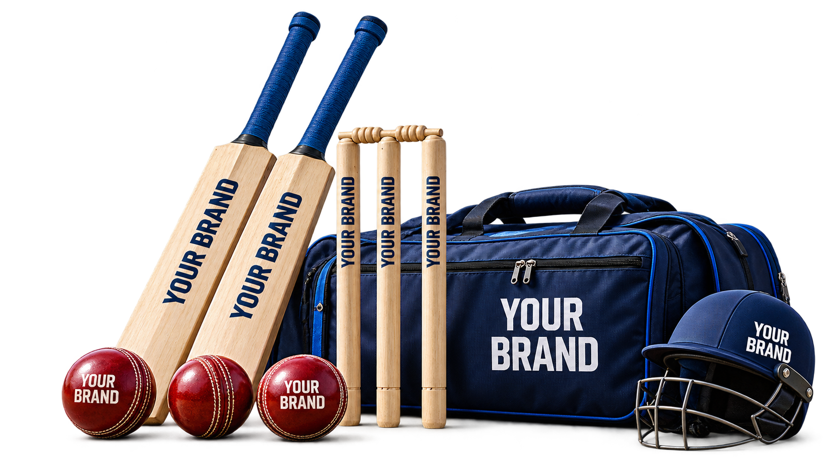 Cricket bats, balls, stumps and kit bag with illustrative brand placements