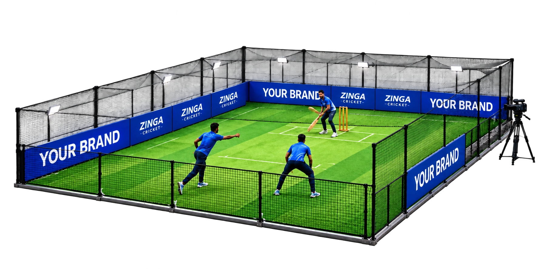 Box cricket court showing example sponsor boards, players and a recording camera.